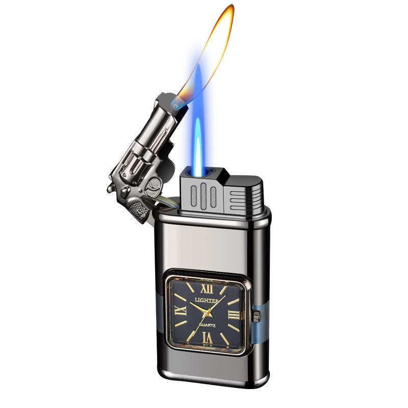 Brichetă de Colecție 3-în-1 cu Ceas Quartz, Pistol Reversibil și Dublă Flacără (Jet & Clasică)