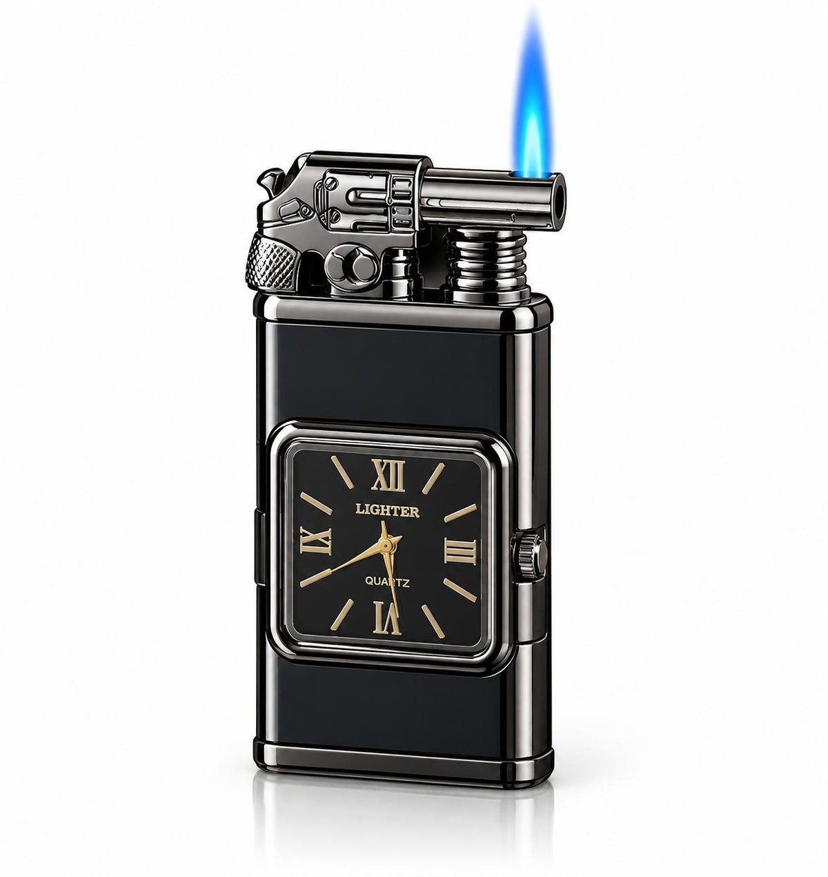 Brichetă de Colecție 2-în-1 cu Ceas Quartz, Mini-Revolver Metalic și Jet Antivânt