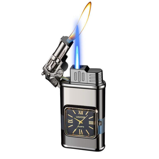 Brichetă de Colecție 3-în-1 cu Ceas Quartz, Pistol Reversibil și Dublă Flacără (Jet & Clasică)