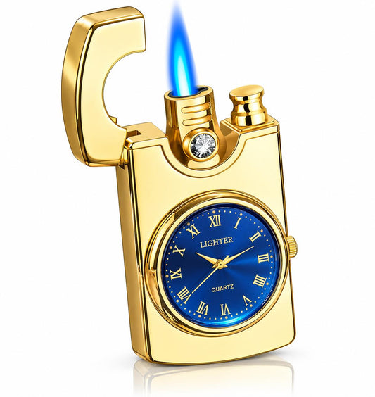 Brichetă de Lux 2-în-1 cu Ceas Quartz, Cadran Albastru Cobalt și Jet Antivânt